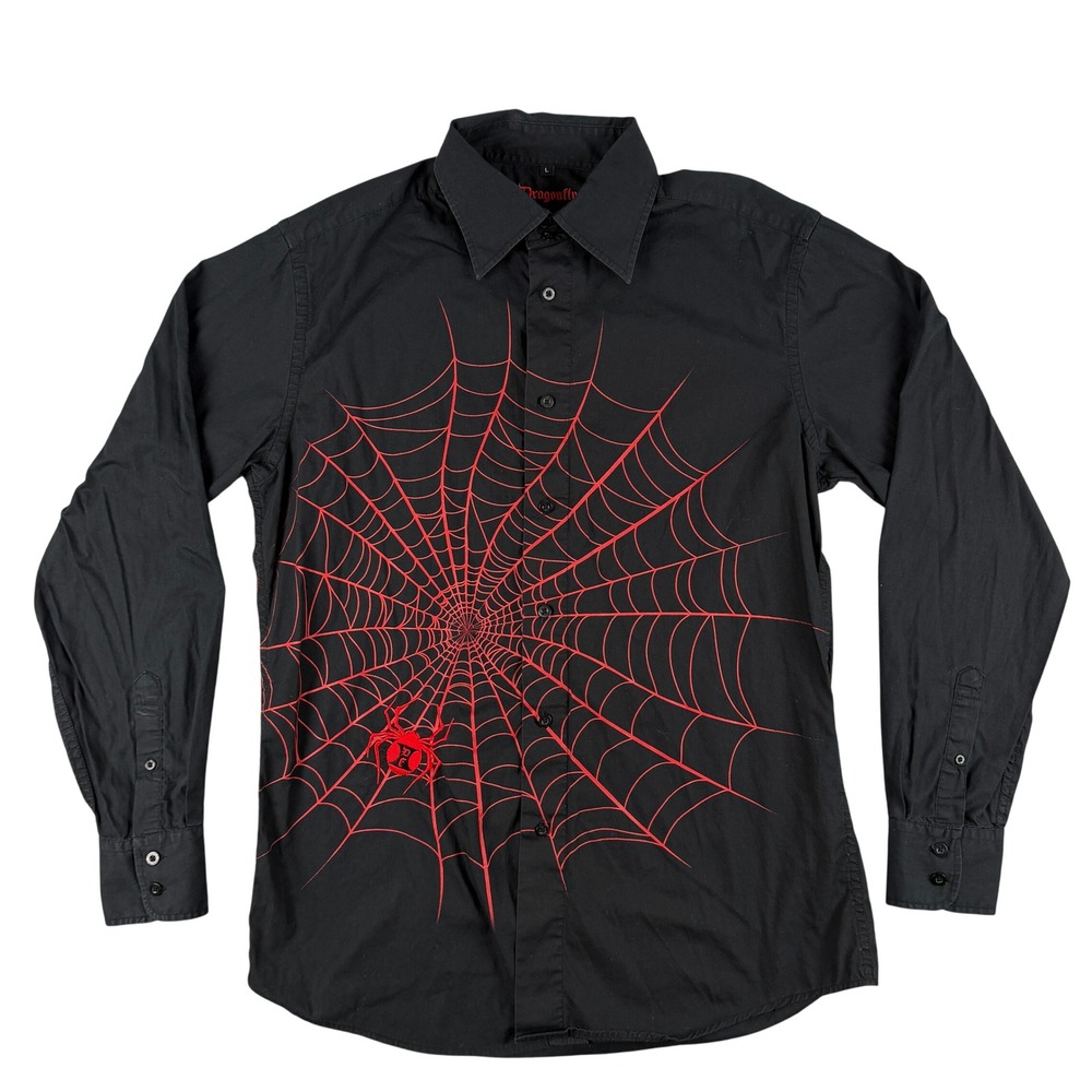 Dragonfly Shirt Mens L Black Spider Web Embroidered Goth Y2K Button Down Russia